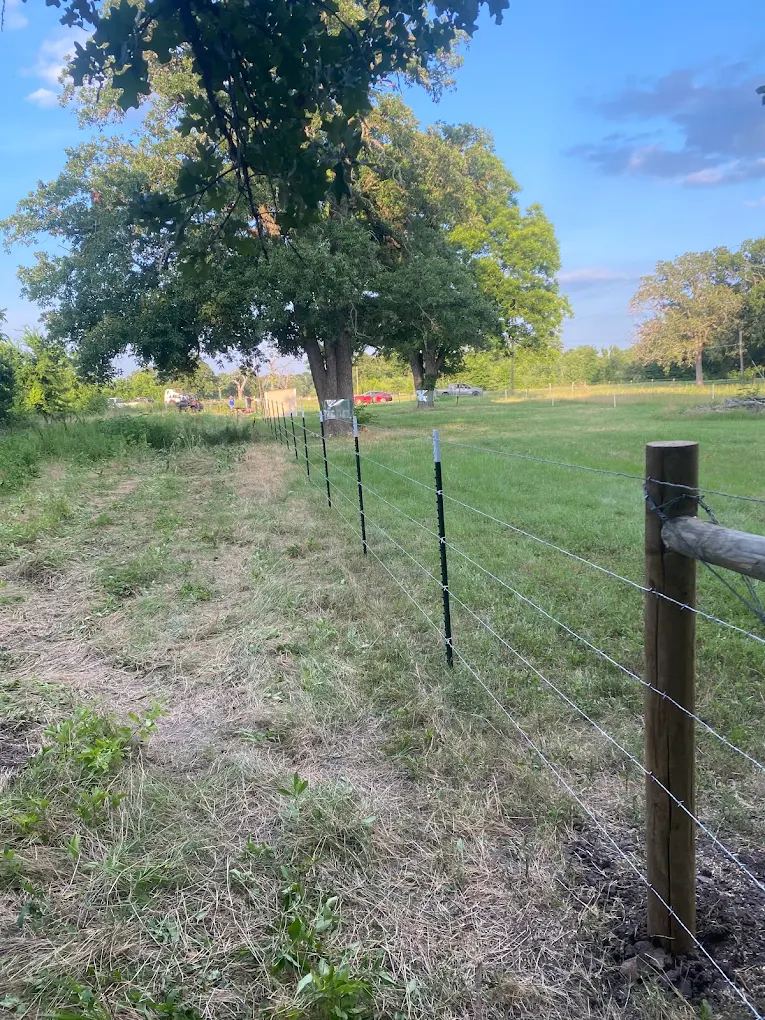 New barbed wire ranch fence on wood corner posts and steel T-posts across an open pasture